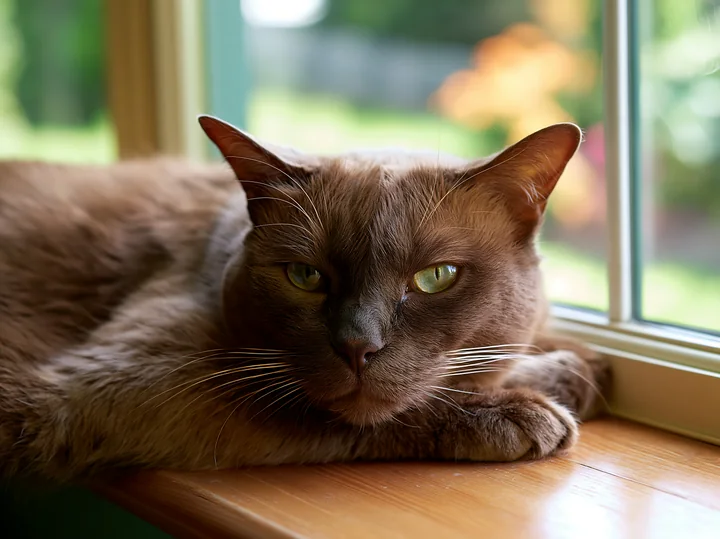 A Suphalak cat is lying on a wooden surface near a window, enjoying the sunlight.