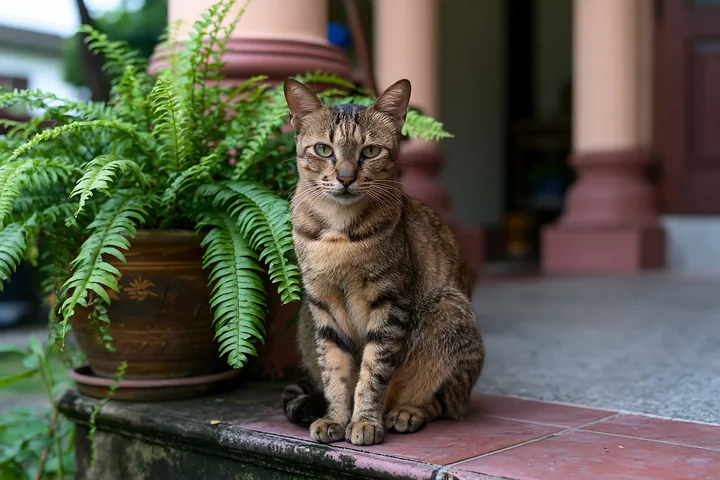 A Suphalak cat sits on a stone step beside a green potted plant.