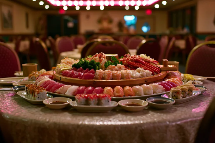 A sushi boat with assorted seafood is displayed on a table in a restaurant.