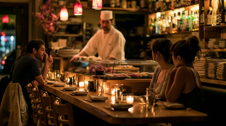 A sushi chef greeting diners in a lively restaurant while preparing dishes.