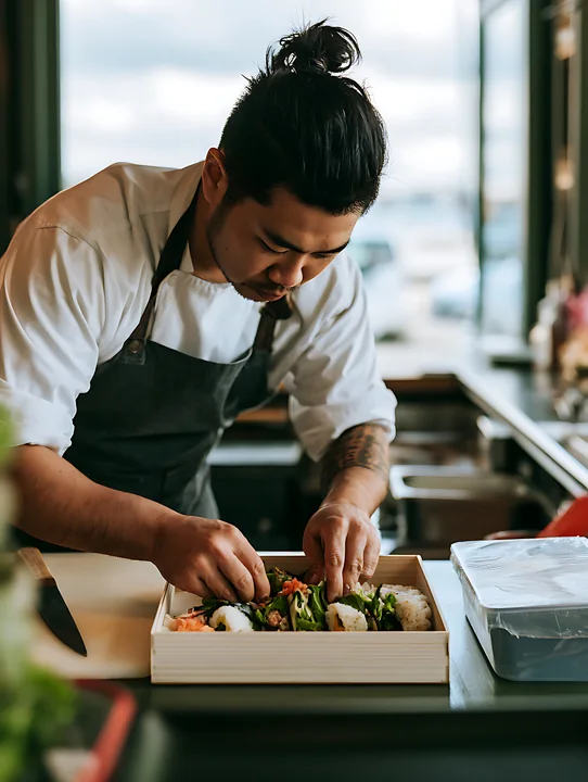 A sushi chef prepares a lunch box by carefully packing fresh sushi.