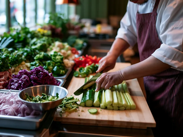 A sushi chef prepares cucumber on a cutting board in a restaurant kitchen filled with fresh vegetables.
