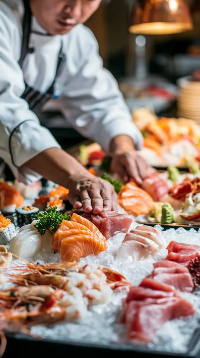A sushi chef prepares fresh sashimi on an ice display in a restaurant setting.