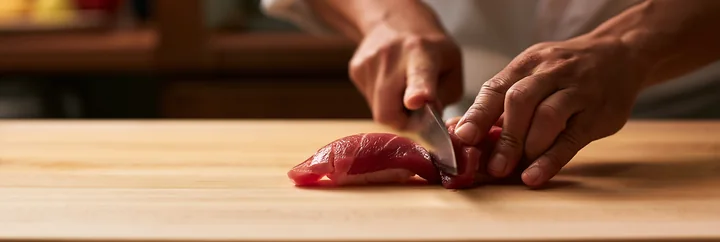 A sushi chef skillfully cuts fresh fish on a wooden board in a traditional kitchen.