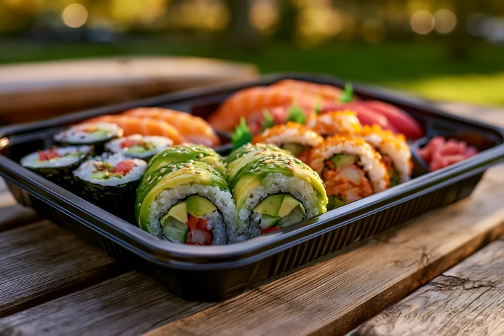 A sushi delivery box close-up shows various sushi rolls and sashimi arranged neatly.