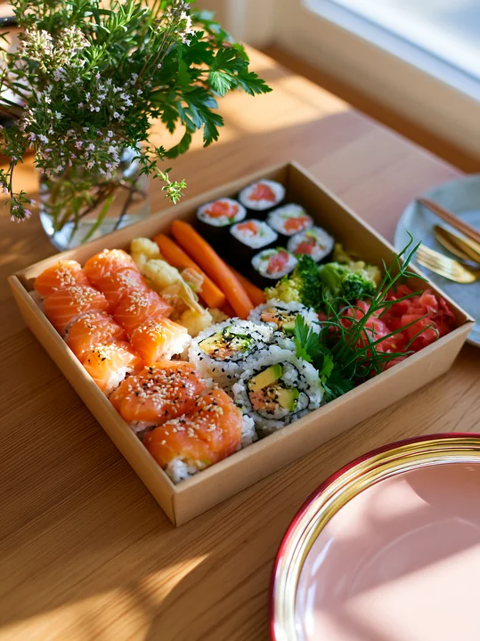 A sushi takeaway box close-up shows a variety of sushi rolls, salmon, and fresh vegetables arranged neatly in a tray.