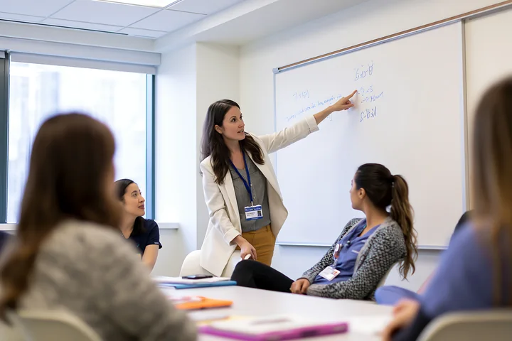 A team leader is pointing at a whiteboard while discussing ideas with her colleagues in a modern office setting.