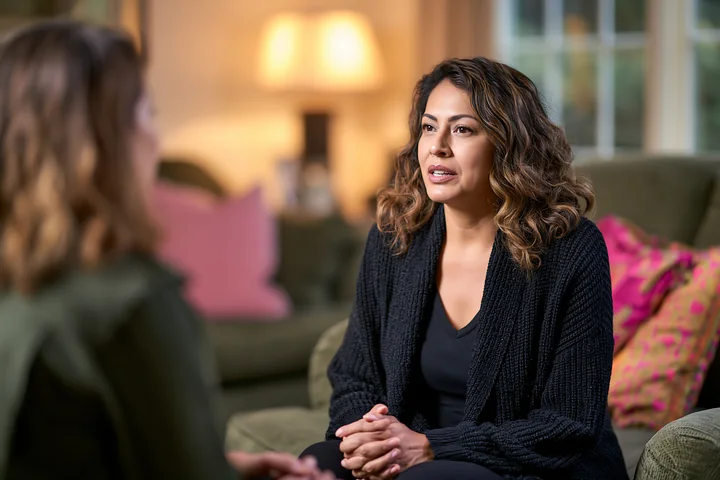 A therapist listens to a bereaved person at home during a private session.