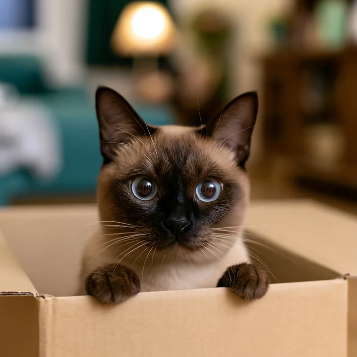 A Tonkinese cat looks out from inside a cardboard box with wide eyes.