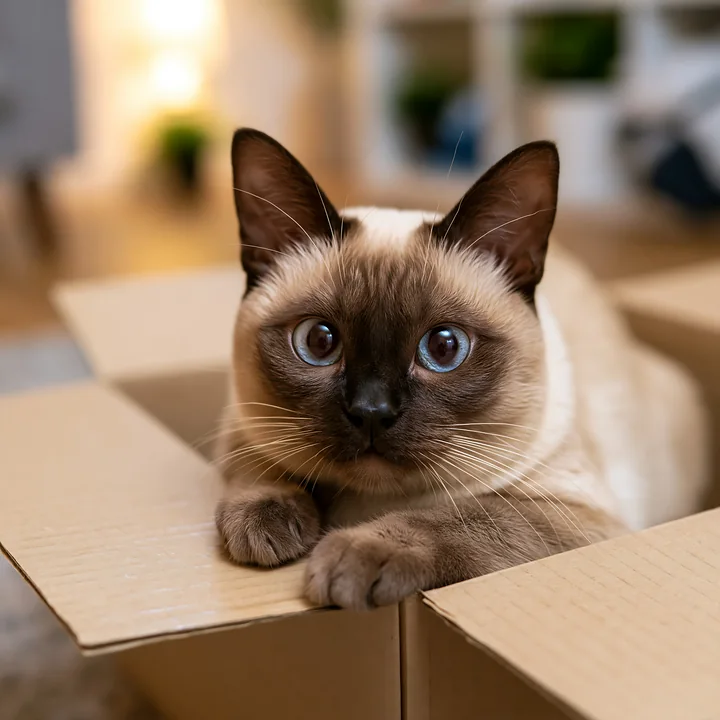 A Tonkinese cat rests comfortably inside a cardboard box.