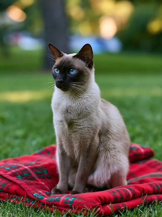 A Tonkinese cat sits on a red blanket in a green park.
