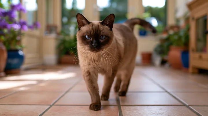 A Tonkinese cat walks across a tiled floor in a bright indoor space.
