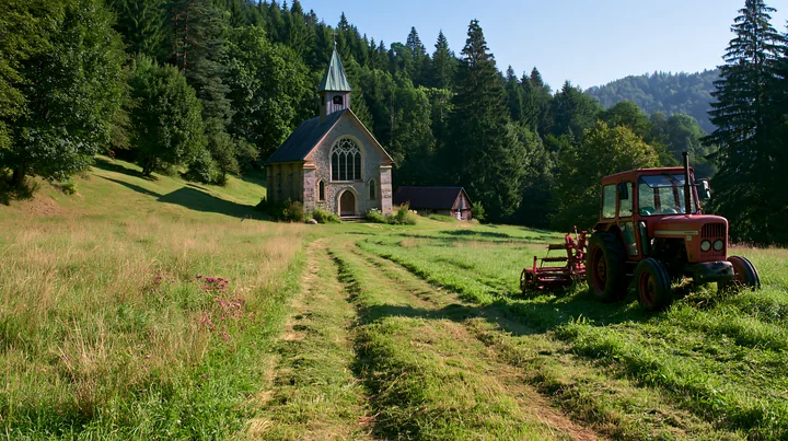 A tractor mows a meadow near a stone church surrounded by trees in the countryside.