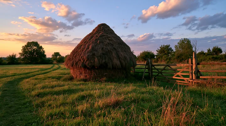 A traditional haystack stands in a lush meadow as the sun sets, highlighting the rural landscape.