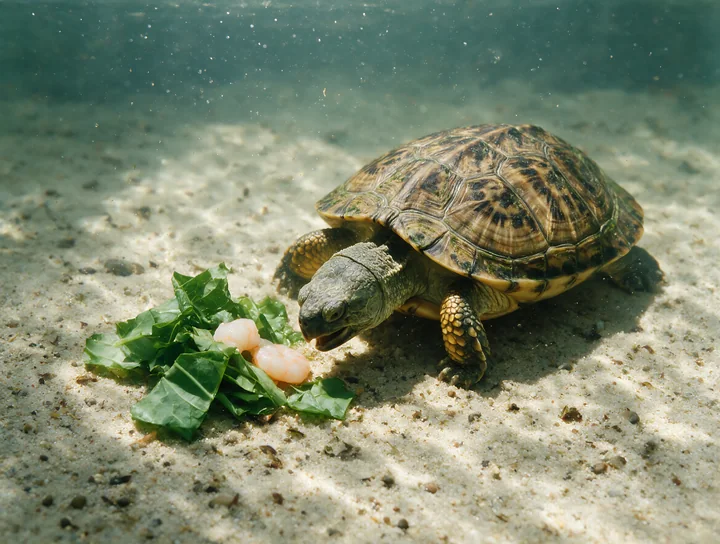 A turtle eats leafy greens and pale food on the sandy floor of an underwater aquarium tank.
