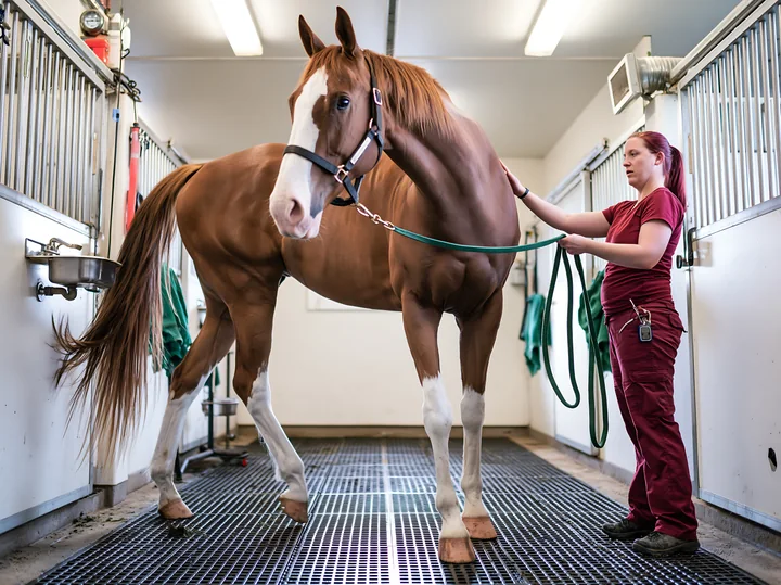 A veterinarian examining horse inside a veterinary clinic, ensuring the animal's health and well-being during a routine check-up.