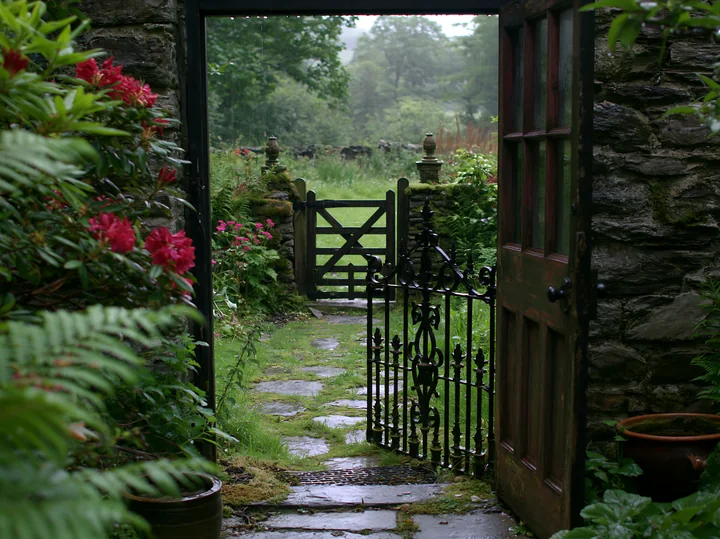 A view from a timber cottage shows a stone pathway leading to an iron gate, surrounded by lush greenery and blooming flowers on a rainy day.
