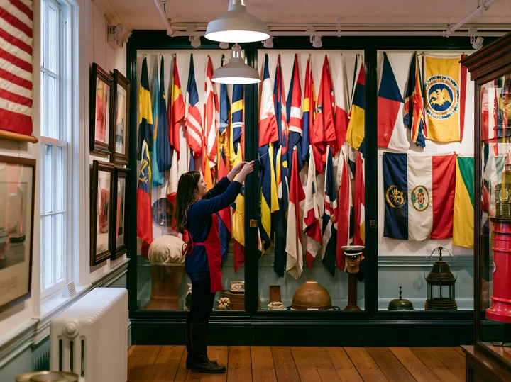 A visitor inspects maritime flags displayed on walls in the lighthouse museum interior.