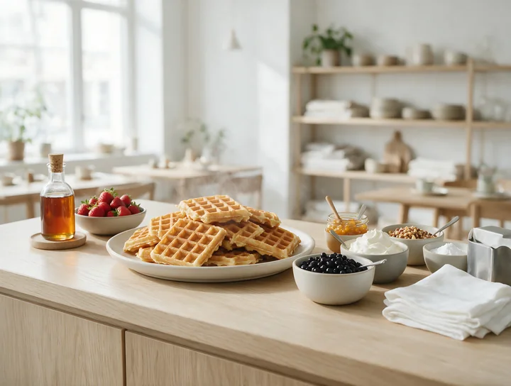 A waffle buffet station features a platter of golden waffles alongside bowls of fresh fruit, syrups, and various toppings.