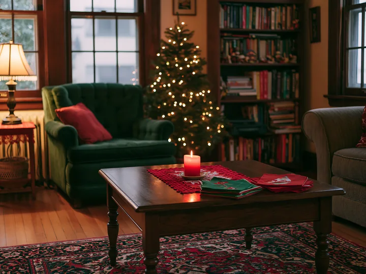A warm Christmas living room featuring a coffee table with a lit candle and festive decorations.