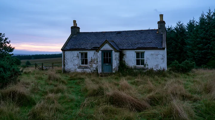 A weathered cottage stands alone in a grassy field surrounded by trees, with a cloudy sky above.