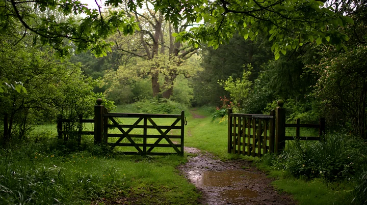 A wet pathway leads through an open gate surrounded by lush greenery and trees on a rainy day view from a timber cottage.