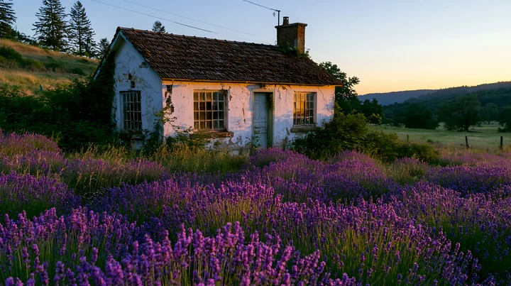 A white cottage with a weathered facade sits among blooming lavender in a rural setting at sunset.