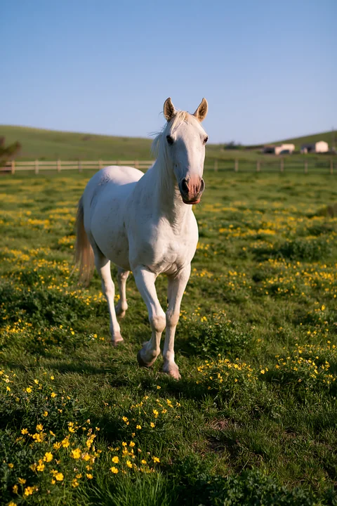 A white horse runs through a green pasture filled with yellow flowers under a clear blue sky.