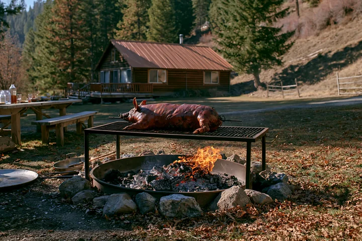 A whole pig is roasting over glowing charcoal embers in a forest.