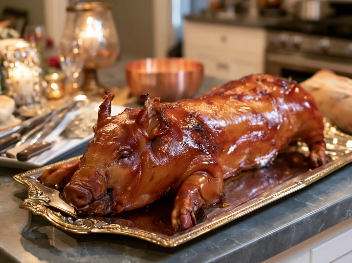 A whole suckling pig on serving platter is displayed on a table set for a celebration.