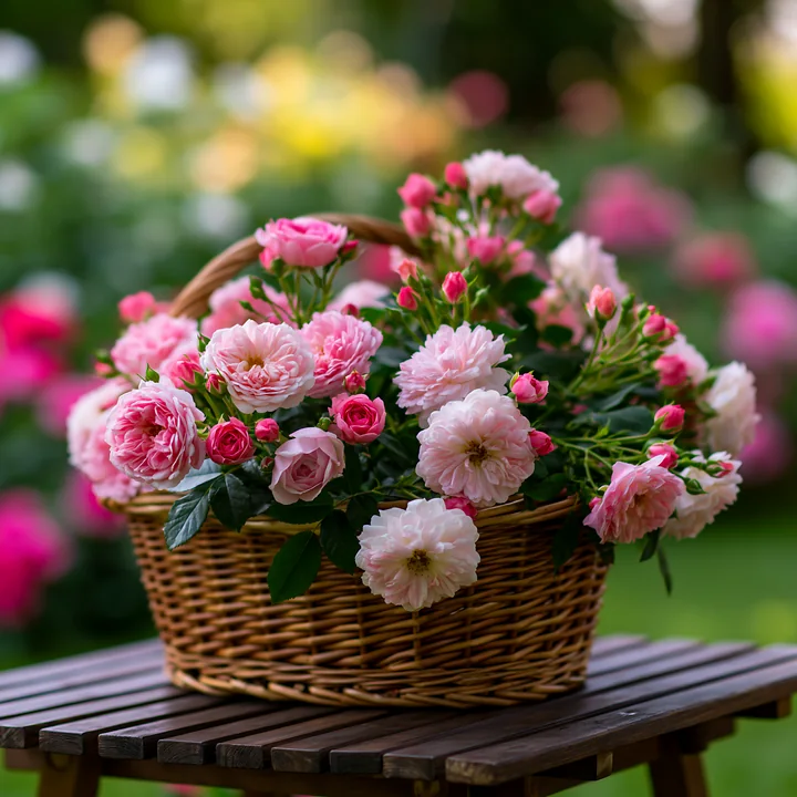 A wicker basket filled with pink roses sits on a wooden table in a cottage garden.