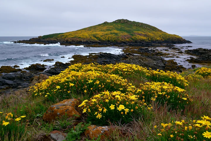 A wide view of flower-covered island landscape shows bright yellow flowers in the foreground with rocky terrain leading to an island covered in greenery under a