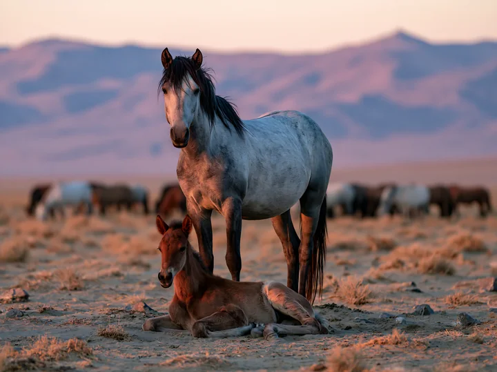A wild horse stallion protecting herd stands tall in the desert with the sunset casting shadows.
