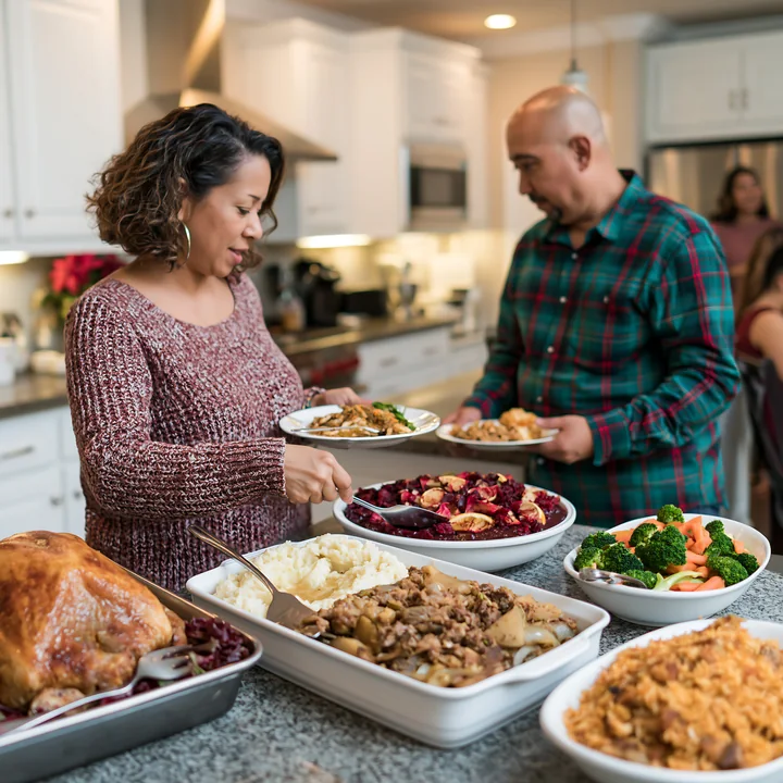 A woman and a man are serving food from large dishes onto their plates in a cozy kitchen.