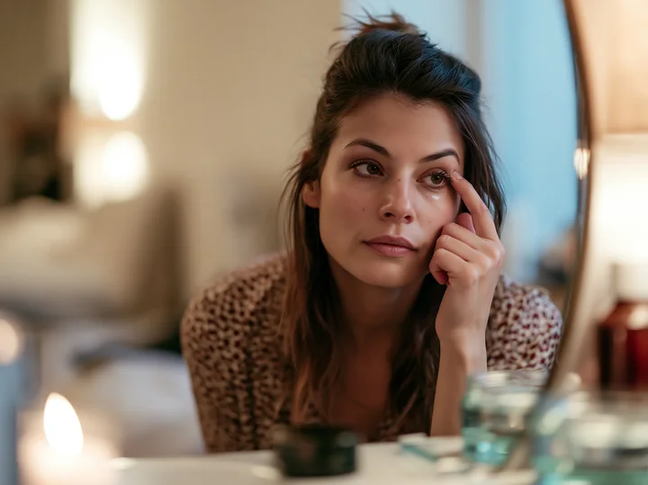 A woman applies cream dose for sensitive skin advertisement to her face while looking in a mirror.