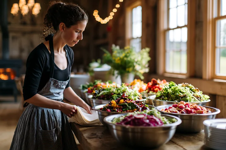 A woman arranges colorful salads in metal bowls on a wooden table in a rustic kitchen with warm lighting.
