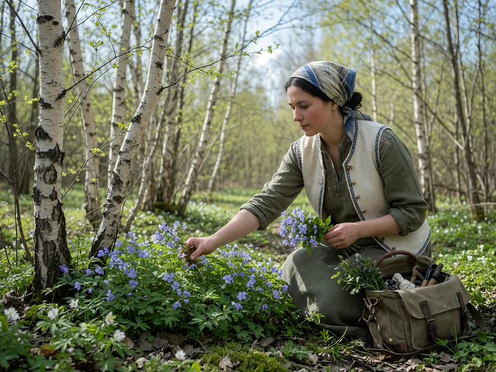 A woman in heritage attire collects herbs from the ground in a forest with birch trees.