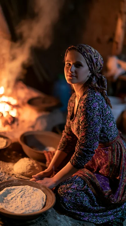 A woman in traditional dress prepares homemade bread in a rustic kitchen.