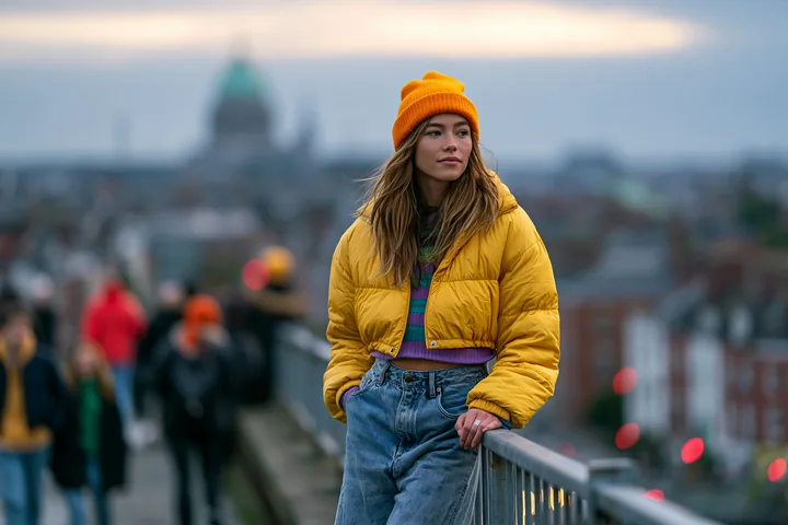 A woman leans against a railing on a rooftop during sunset with people in the background.