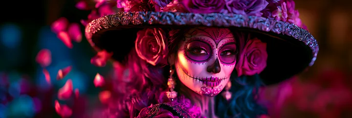 A woman poses for the camera wearing a large hat adorned with flowers and sugar skull makeup.