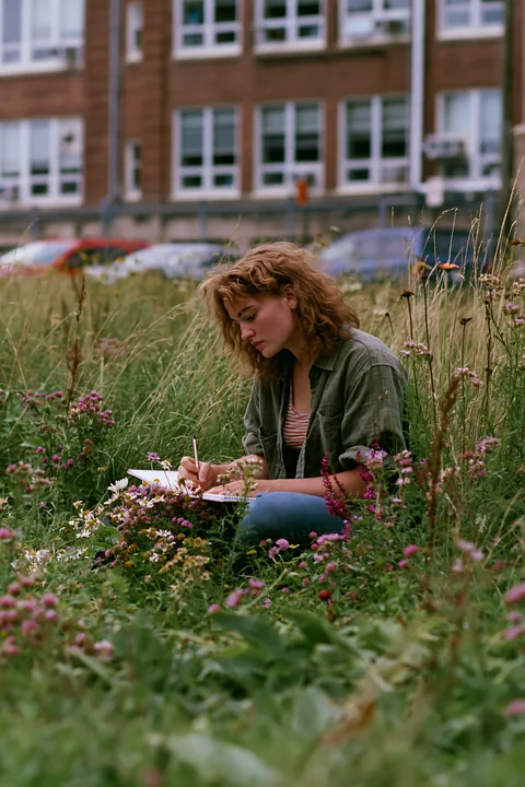 A woman sits in an urban meadow among buildings, surrounded by wildflowers, writing in her notebook.