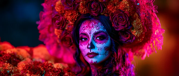 A woman stands at a festive event, wearing intricate makeup and a large flower crown.