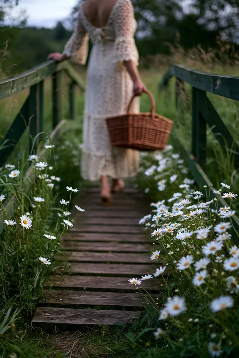 A woman walks along a wooden footbridge in a meadow, carrying a basket.