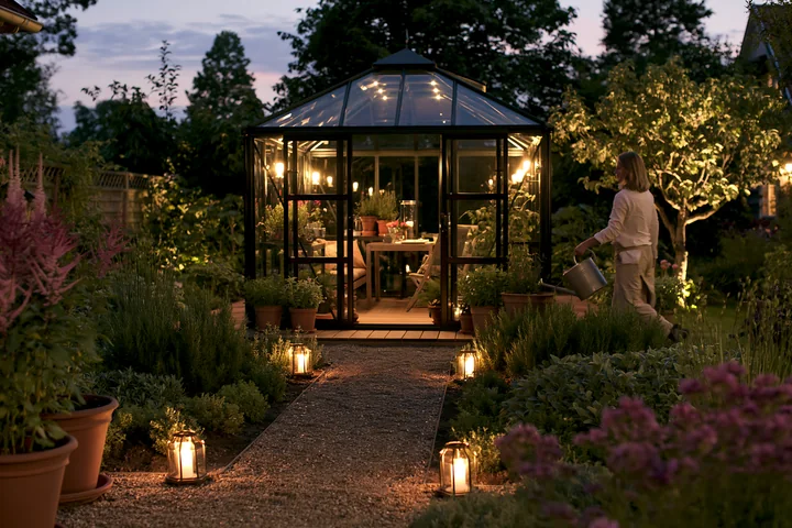 A woman walks with a watering can in a garden at dusk, showcasing a modern glass garden pavilion with night lighting.
