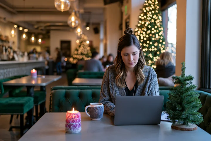 A woman works on a laptop at a table in a festive coffee shop.