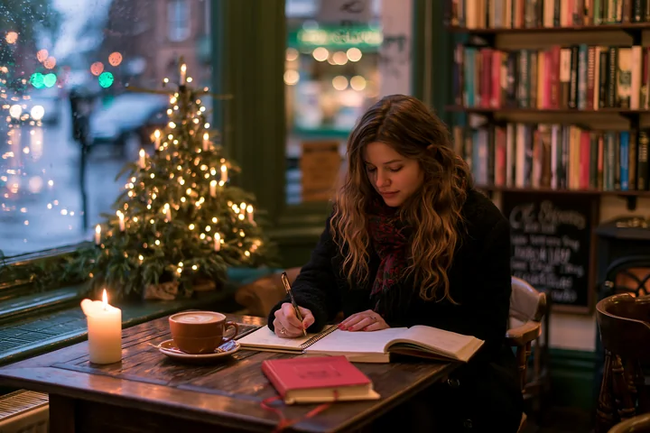 A woman writes in a notebook at a table in a coffee shop during a festive season.