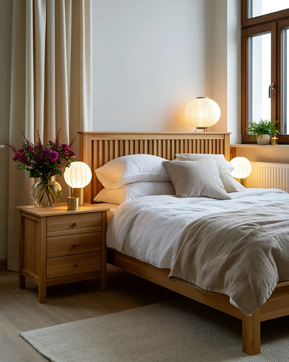 A wooden bedroom features a bed with soft linens, bedside lamps, and decorative plants.
