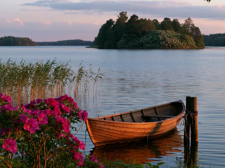 A wooden boat is anchored beside pink flowers near an island covered with sweet peas in a calm lake setting.