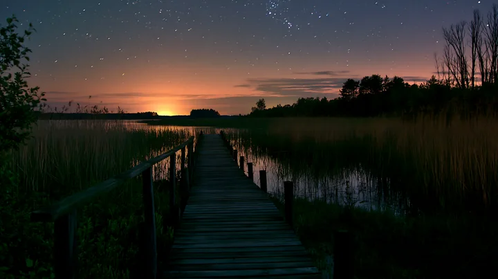 A wooden dock extending over a lake under a star-filled sky.
