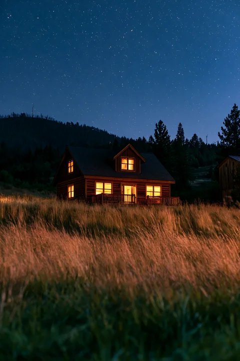 A wooden house sits in a grassy field, illuminated by warm light from its windows.